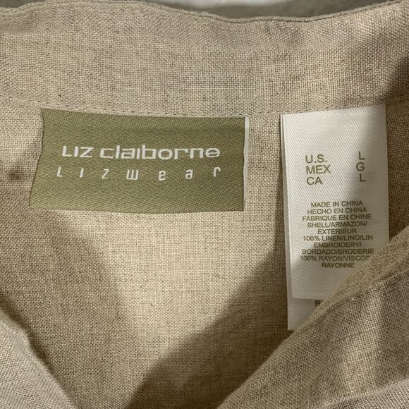 Liz Claiborne Lizwear Large Blouse Half Button Embroidered Linen Top Natural Tan - Picture 7 of 9